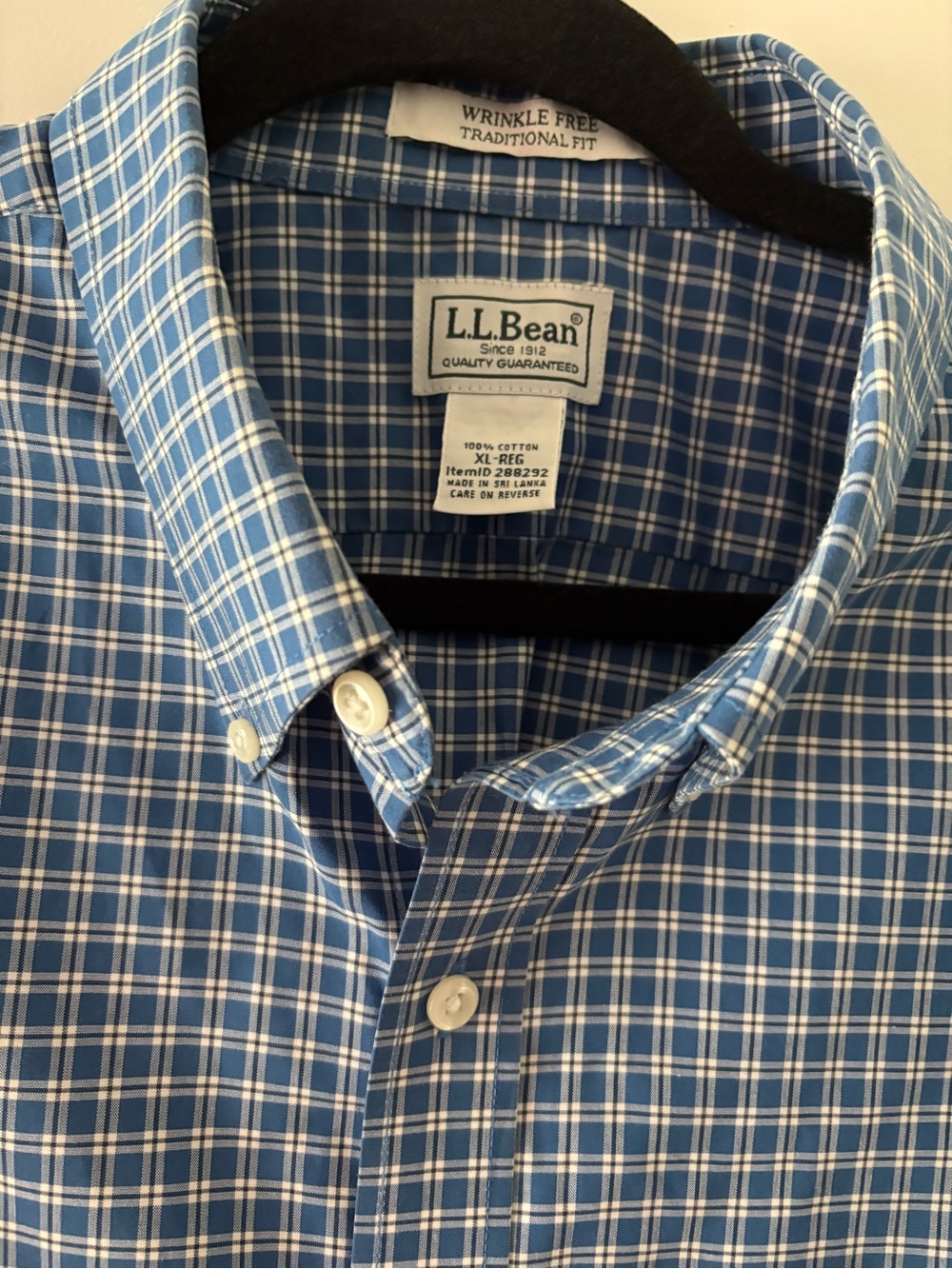 L.L. Bean Traditional Fit Plaid Blue White L/S Button Shirt Mens XL Preppy EUC